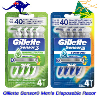 Gillette Sensor3 Sensitive &amp; Comfort Disposable 4 Razor มีดโกนหนวด พร้อมด้ามโกนยิลเลตต์ ชุด4 ด้าม แท้จากออสเตรเลีย