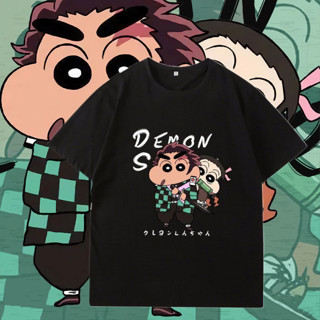 Crayon Shinchan Ghost Slayer Blade อะนิเมะคู่นักเรียนพิมพ์เสื้อยืดแขนสั้นผู้ชายและผู้หญิงสามารถสวมใส่ได้