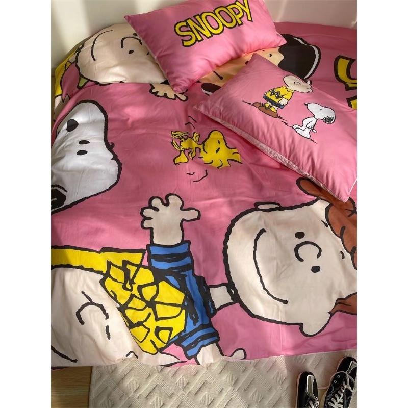 ผ้าปูที่นอน-ผ้าฝ้าย-100-ลาย-snoopy-สีชมพูวินเทจ