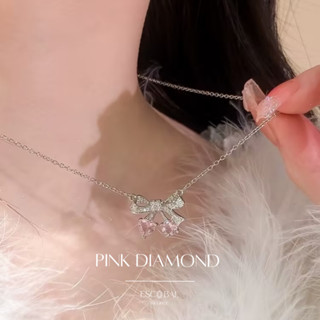 ESCOBAL✨พร้อมส่ง สร้อยเพชร pink bow จี้เพชร Moissanite สร้อยคอเงินแท้925 สร้อยคอแฟชั่น สร้อยสไตล์เกาหลี สร้อยคอเพชรสวยๆ