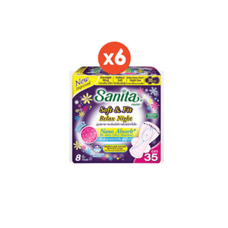 โปรโมชั่น : แพ็คสุดคุ้ม X 6ห่อ Sanita  แซนนิต้า ผ้าอนามัย ซอฟท์ แอนด์ ฟิต ผิวสัมผัสนุ่ม กลางคืน มีปีก 35ซม. 8ชิ้นห่อ