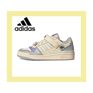 Adidas Originals Forum Low ของแท้ 100% Velcro กันลื่นดูดซับแรงกระแทกต่ำรองเท้าผ้าใบสีเบจสีเทาสีม่วง