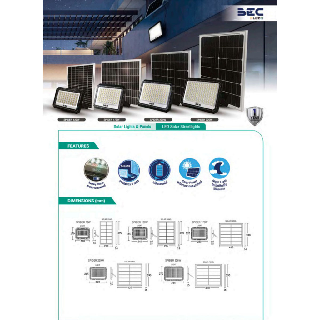 BEC Solar Floodlight LED รุ่น SPIDER 170w 220w 320w Tri-Color (3 แสงใน ...