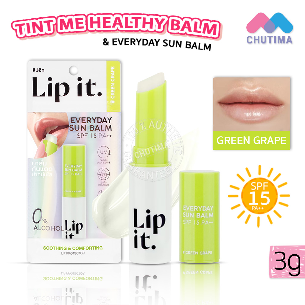 Product image ลิปอิท ลิปบาล์มกันแดด/ ลิปทินท์ Lip It Tint Me Healthy Balm/ Everyday Sun Balm SPF15 PA++ 3g. กลิ่นองุ่นเขียว