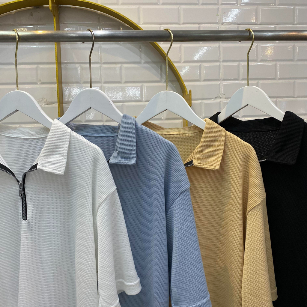 ameboy-เสื้อโปโลซิปแขนสั้นผ้าวาฟเฟิลนุ่ม-ใส่ได้ชายหญิง