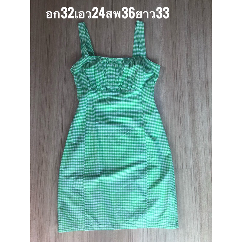 used-เดรสpomeloลายสก็อตสีเขียวสดใสมีซับในทั้งตัวน่ารักมาก
