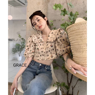 เสื้อครอบสีครีมน้ำตาลคอบัวลายดอกไม้🤎🍀ป้าย Grace