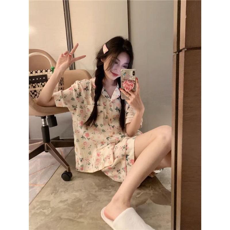 sy-ผ้าอองฟอง-ชุดนอนผู้หญิงแขนสั้นน่ารักสามารถสวมใส่นอกในฤดูร้อน-น่ารักใสสบาย