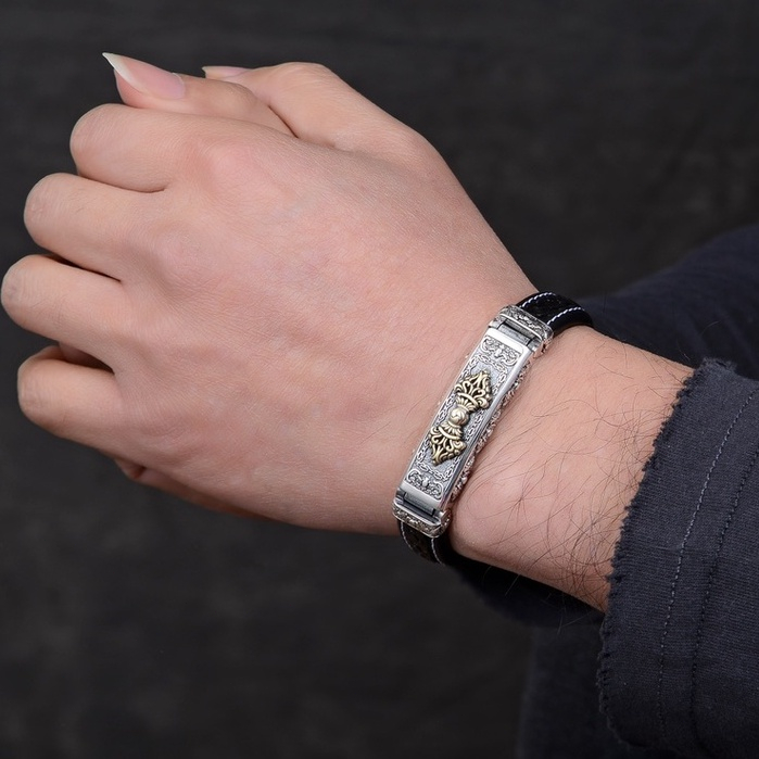 เงินสเตอร์ลิง-925-seiko-สร้อยข้อมือแฮนด์เมดวินเทจ-cowhide-สร้อยข้อมือถักสร้อยข้อมือเหรียญ