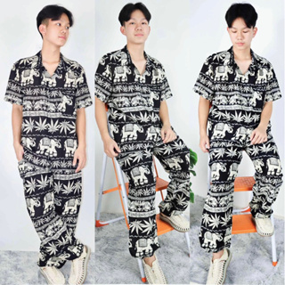 (สินค้าขายแยกชิ้นค่ะ) เสื้อฮาวาย กางเกงเอวเชือก เซ็ทฮาวายเด็ก เซ็ทครอปมินิ#ลายช้างกัญชาดำ