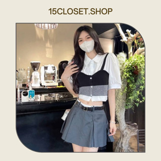 เสื้อคอปกแขนสั้นสไตล์เกาหลี แต่งสายเดี่ยวไหมพรม