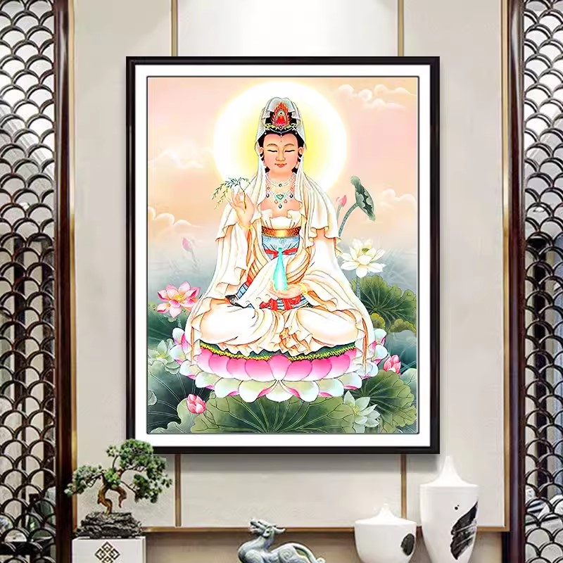 ชุดปักครอสติชพิมพ์ลาย-เจ้าแม่กวนอิม-ดอกบัว-guanyin-cross-stitch-kit