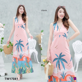 AK 17041 Maxi dress คอวีลายต้นมะพร้าวสุดชิค