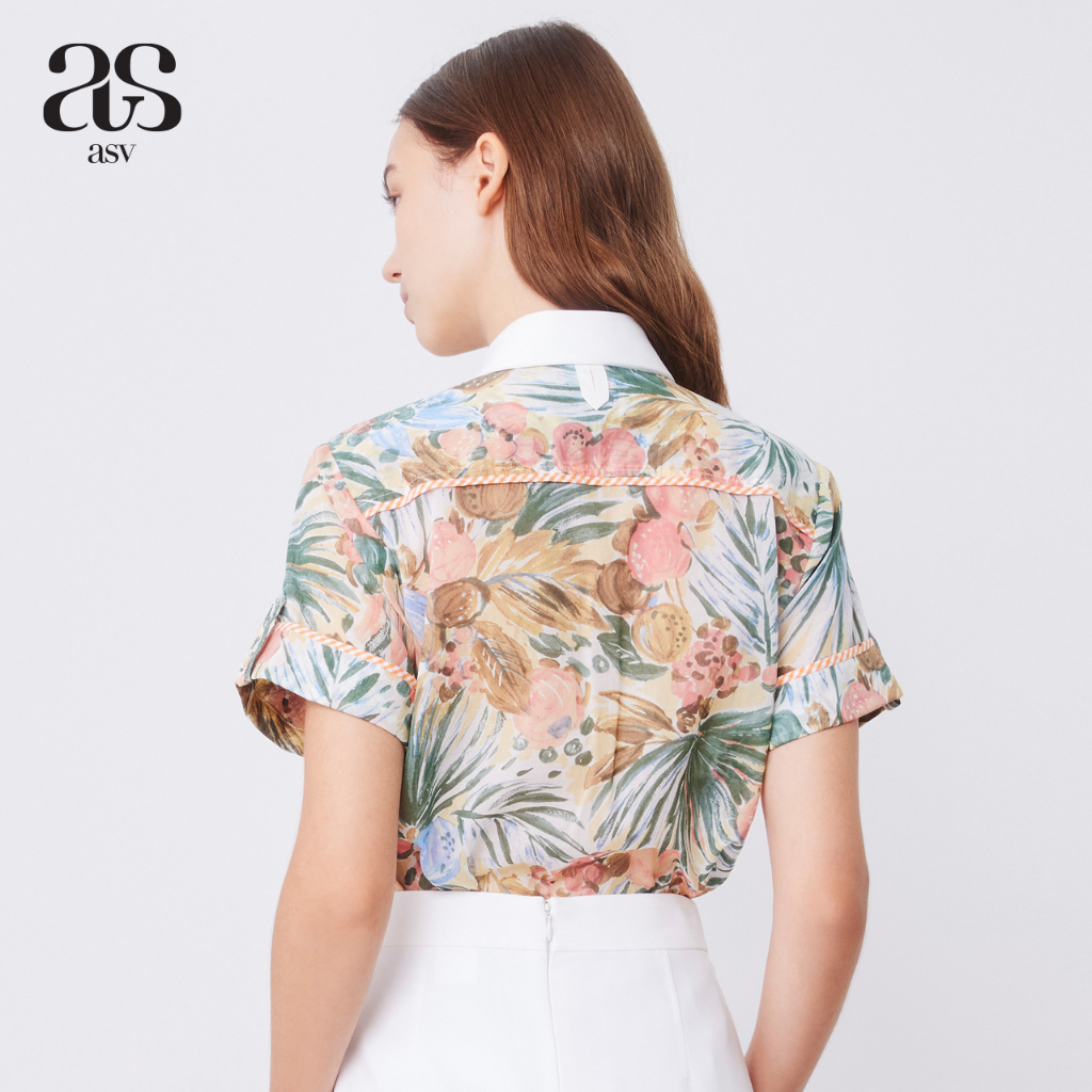 asv-ss23-tropical-fruit-shirt-เสื้อเชิ้ตผู้หญิง-ผ้าลายผลไม้ทรอปิเคิล-แขนสั้น-แต่งกระเป๋าหน้า-แต่งขอบผ้ากุ๊นลายทาง