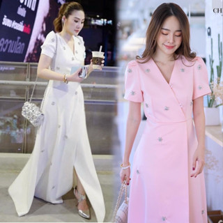 ชุดเดรสยาวไปงาน สีชมพู/สีขาว✨S-XXL ชุดทำบุญ ชุดพรีเวดดิ้ง #CHERIS