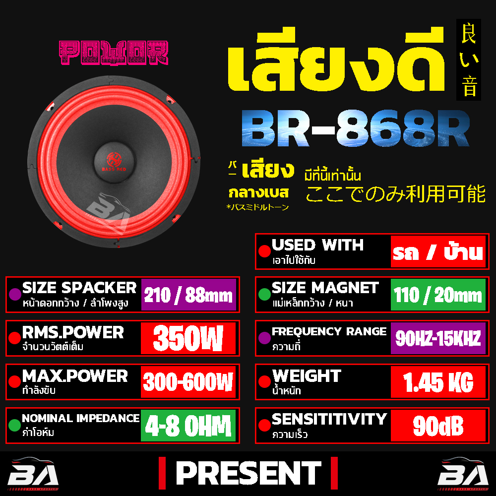 ba-sound-ดอกลำโพง-8-นิ้ว-350วัตต์-br-868r-4-8ohm-ลำโพงเสียงกลาง8นิ้ว-ลำโพง-8-นิ้ว-ลำโพงซับ-8-นิ้ว-เครื่องเสียงติดรถยนต์