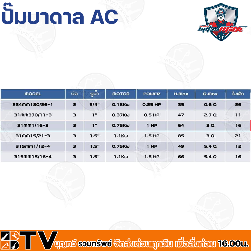 mitsumax-ปั๊มบาดาล-1hp-1-แรงม้า-ท่อออก-1-นิ้ว-16-ใบพัด-สำหรับลงบ่อ-3-นิ้ว-ใช้กับไฟบ้าน-220v-รุ่น-31mm1-16-3