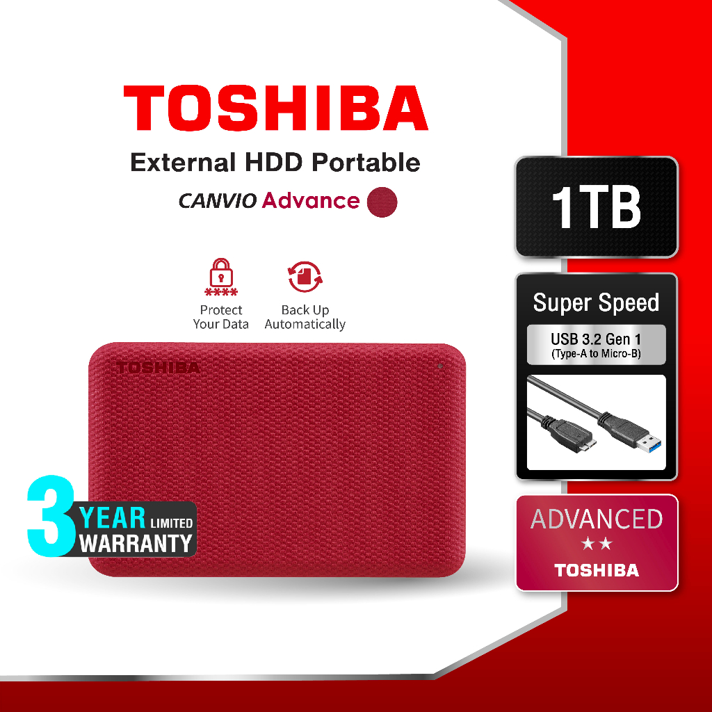 ภาพหน้าปกสินค้าToshiba External HDD (1TB) USB 3.2 SuperSpeed, รุ่น (Canvio Advance V10) Security Auto-backup 2.5" สีเเดง ฮาร์ดดิสพกพา (TSB-HDTCA10AR3AA)