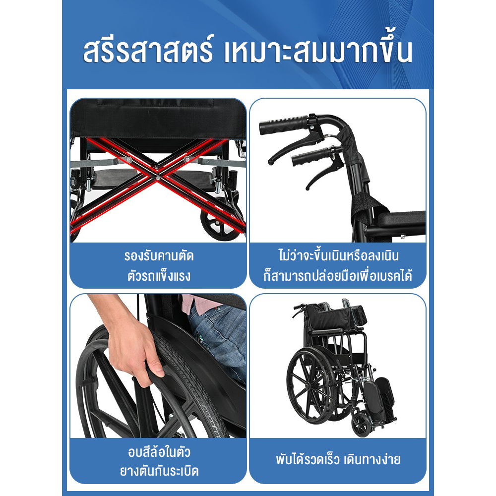 HIMIWAY รถเข็นผู้ป่วย wheelchair พับได้น้ำหนักเบาท่อเหล็กหนาสกู๊ตเตอร์ผู้สูงอายุรถเข็นแบบพกพา วีลแชร์พับได้