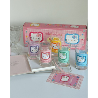 Hello Kitty Glass Set Vintage Sanrio 1998 แก้วใสคิตตี้คอลเลคชั่นลายตารางสะสม