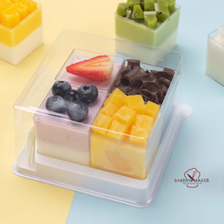 กล่องมินิเค้ก หลุมเหลี่ยม 4 ถ้วย พร้อมส้อม แพค 10 ใบ กล่องเค้กชิ้น กล่องมูสเค้ก minicake box กล่องพลาสติก ฐานขาว เกาหล