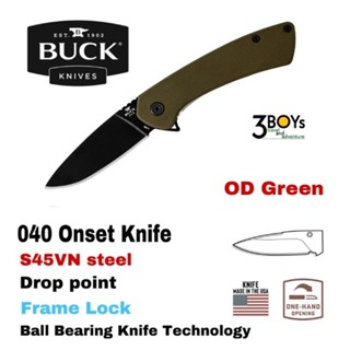 มีด Buck รุ่น 040 Onset OD Green ใบมีด S45VN เคลือบ Cerakote®ระบบลูกปืน ด้ามสีน้ำตาลอมเหลือง สวยงาม