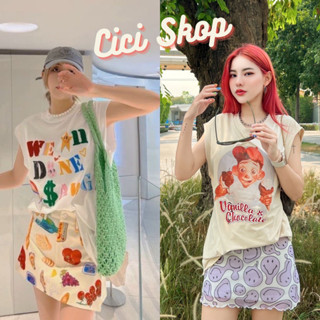 Cicishop(8373)เสื้อแขนกุด พิมพ์ลายการ์ตูน/ตัวอักษร ทรงหลวมสไตล์minimal น่ารักสุดๆ