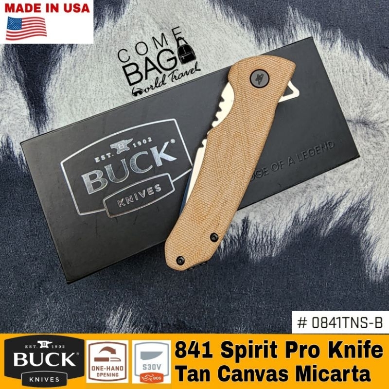 มีดbuck841-sprint-pro-flipper-knife-3-125-s30v-stainless-steel-drop-point-natural-canvas-micarta-handles-made-in-usa