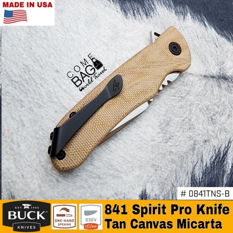 มีดbuck841-sprint-pro-flipper-knife-3-125-s30v-stainless-steel-drop-point-natural-canvas-micarta-handles-made-in-usa