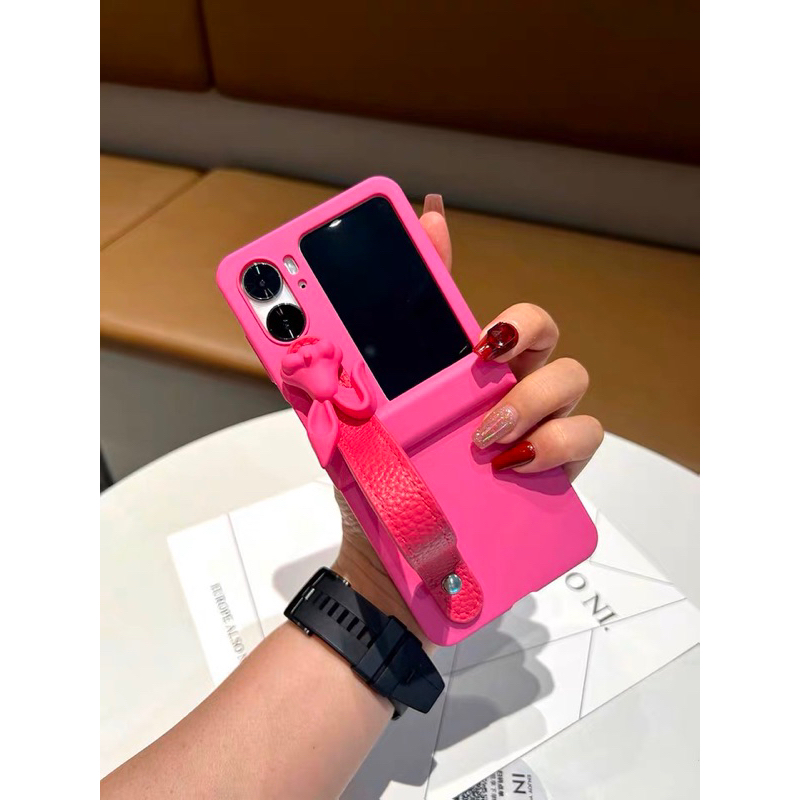 เคส-oppo-find-n2-flip-เคสชมพู-ติดน้องกระต่าย-มีสายคล้องมือ