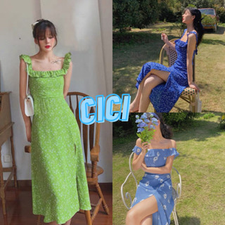 Cici(NO.3076)เดรสแขนกุดลายดอกไม้  ใส่ปาดไหล่ได้ดีเทลแต่งระบาย สไตล์สาวหวานอมเปรี้ยว