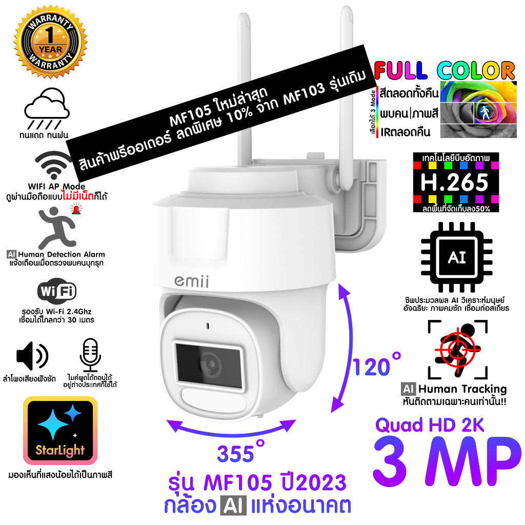 ภาพหน้าปกสินค้ากล้องวงจรปิดติดภายนอก หันได้ โต้ตอบได้ กลางคืนภาพสี กันฝน กันแดด*ไม่มีเน็ตก็ใช้ได้ Emii MF105 ละเอียด3ล้าน
