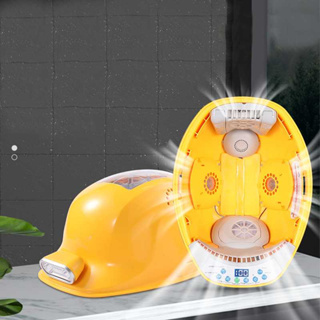 MMADAR หมวกนิรภัยพลังงานแสงอาทิตย์สีเหลือง พัดลมคู่ Bluetooth 8000mAh หมวกกันน็อคแบบชาร์จไฟได้ ปลั๊ก US 100‑240V