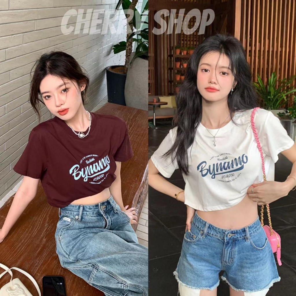 cherryshop-พร้อมส่ง-เสื้อยืด-crop-top-เสื้อยืดสตรีแขนสั้นพิมพ์ลายวินเทจ