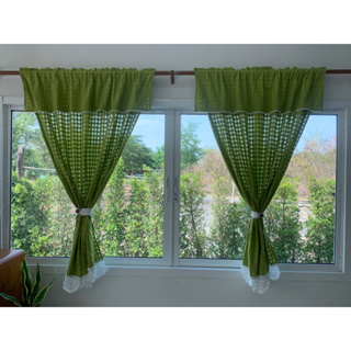 ผ้าม่านผ้าฝ้าย สไตล์มินิมอล ลายตารางสีเขียวใบตอง กว้าง110 สูง130cm ผ้าม่านหน้าต่าง ผ้าม่านสำเร็จรูป ผ้าม่านวินเทจ