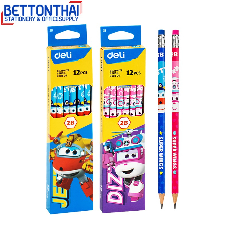 deli-u53500-graphite-pencil-super-wing-ดินสอไม้-2b-ลายซุปเปอร์วิงส์-แพ็คกล่อง-12-แท่ง-คละสี-ดินสอ-ดินสอ2b-schoo
