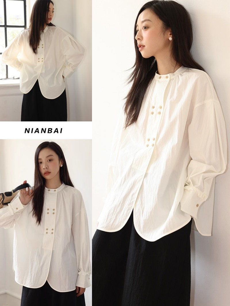 เสื้อเชิ้ตคอจีนผู้หญิงสีขาว-รุ่น-ct2986-น่ารักมากๆ-เสื้อแต่งกระดุมแฟชั่นเกาหลี-ทรงหลวมแขนยาว