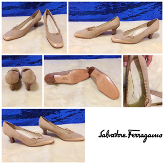 👠: Vintage SALVATORE FERRAGAMO Marelne Sienne Cream Leather Low Heel  แท้💯%