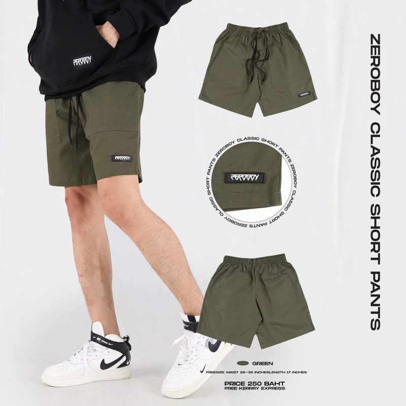 ZEROBOY - กางเกงขาสั้นวินเทจ เอวยางยืด สีขาว สีครีม สีเขียวมิ้นท์ สีเทาอ่อน สีกรม สีดำ https://wayoza.com