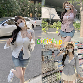 Cicishop(3100)เสื้อเชิ้ตแขนยาว กระดุมหน้า สไตล์อเมริกัน