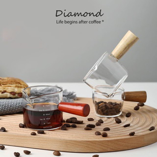 ❤ Diamond Coffee ถ้วยแก้วเอสเพรสโซ่ ปากเดี่ยวพร้อมถ้วยวัดแก้วขนาด แก้วตวง กาแฟ ด้ามไม้ สองปากเท แก้วช็อต 75 มิลลิลิตร