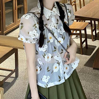 พร้อมส่ง! Floral print shirt  🥨🍞C2580 เสื้อเชิ้ตแขนพอง เชิ้ตแขนพองตุ๊กตา เชิ้ตผ้าแก้ว