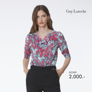 Guy Laroche เสื้อผู้หญิง    Blouse เสื้อเบลาส์ผ้าจอร์เจียแขนสามส่วน ลายพิมพ์ Pinky Flamingo (GZ2KPI)