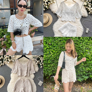 🌟พร้อมส่งงานพรีเมี่ยม🌟 ชุดเซ็ตเสื้อครอปถักไหมพรม+กางเกงขาสั้นถักลูกไม้ ชุดไปทะเลผู้หญิง💥มีขายแยกชิ้น💥