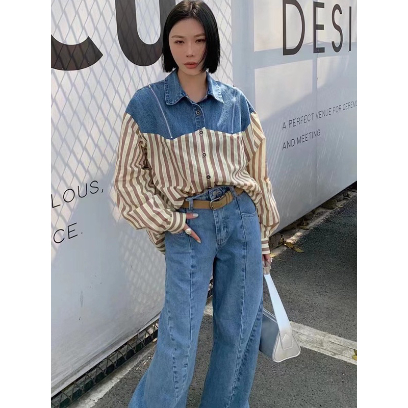 เสื้อเชิ้ตยีนส์-แขนยาว-แต่งผ้ายีนส์ด้านบน-ช่วงไหล่แต่งซิปรูดได้-สไตล์เกาหลี