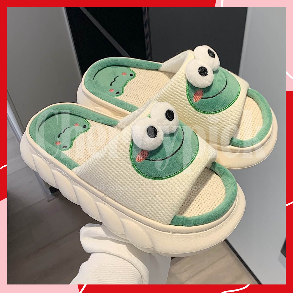 พร้อมส่ง-รองเท้าใส่ในบ้าน-รุ่น-cute-frog-ผ้าลินิน-ระบายอากาศได้ดี-พื้นยางหนา-กันน้ำกันลื่น-สลิปเปอร์-slipper