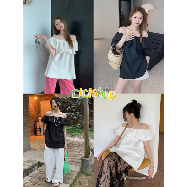 cicishop-3111-เสื้อเกาะอกปาดไหล่ระบายช่วงอก-ผ้าซาติน-ใส่สบายดูแพง