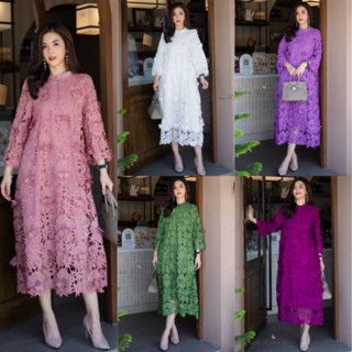 Maxi dress ผ้าลูกไม้เนื้อหนาเกรดพรีเมี่ยม ลายลูกไม้สวยมากค่ะ ดีเทลผ้าดอกไม้3มิติ