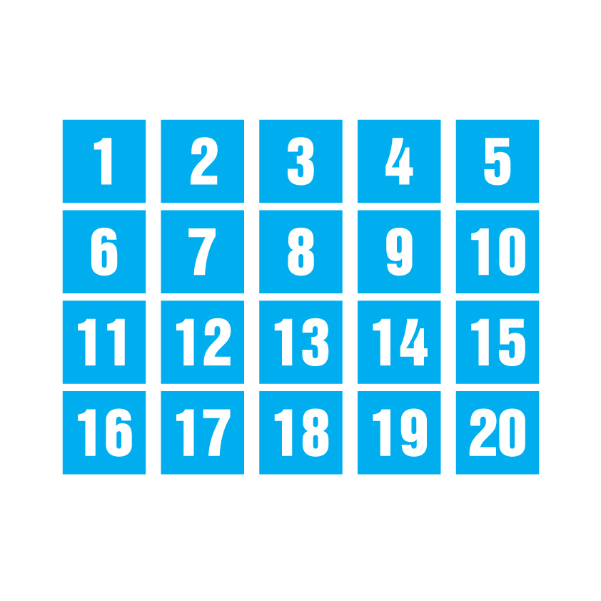 sticker-สติกเกอร์-ติดประตู-ผนัง-กำแพง-สี่เหลี่ยม-ป้ายตัวเลข-1-20-พื้นฟ้าเลขขาว-1-a4-ได้รับ-20-ดวง-รหัส-g-035