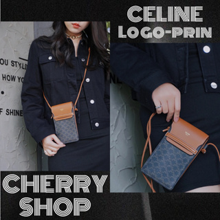 ถูกที่สุด ของแท้ 100%/Celine Logo-print lambskin flap phone bag กระเป๋าสะพายข้าง/กระเป๋าใส่มือถือ